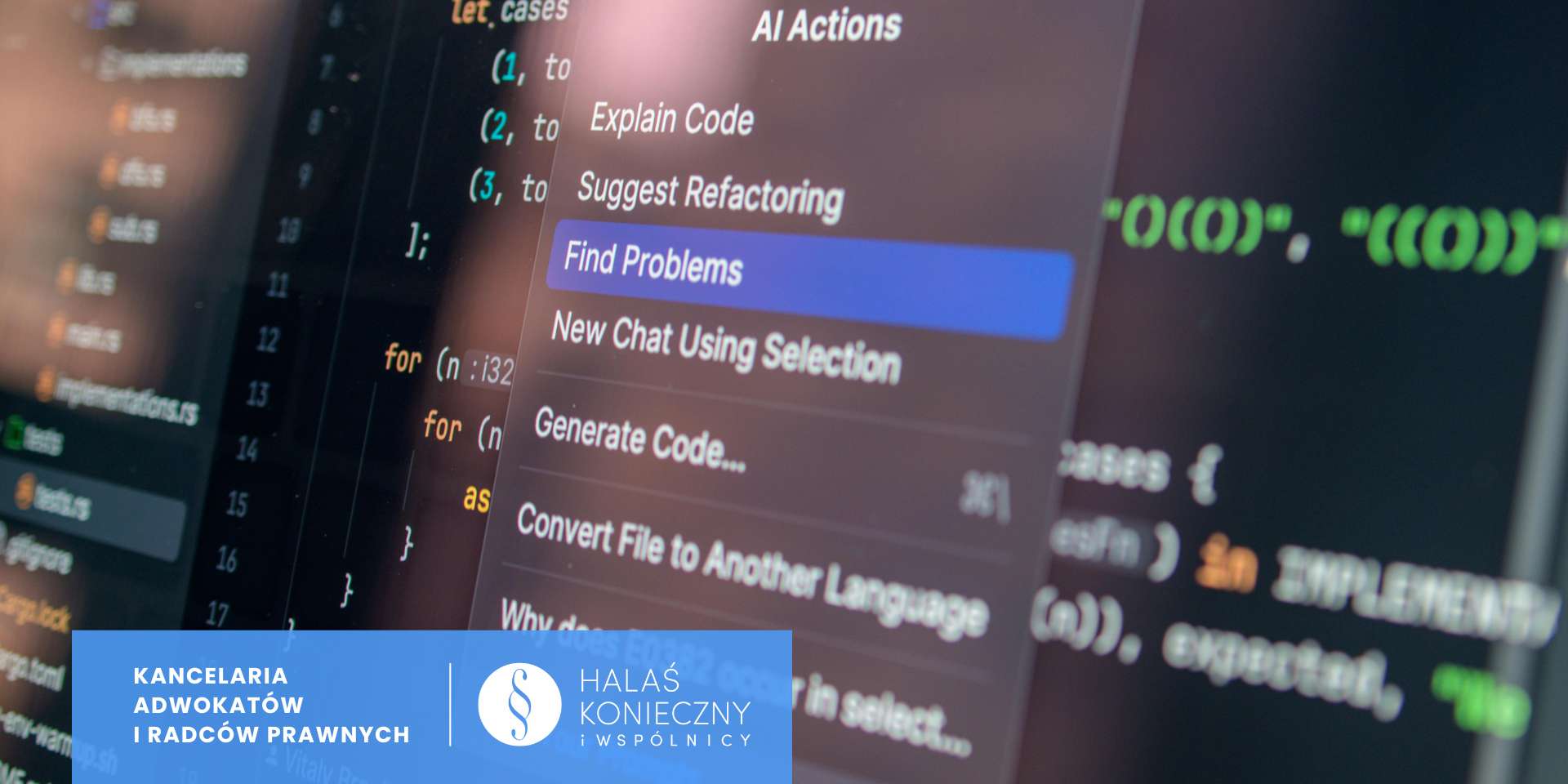 Code editor menu with options such as Explain Code, Find Problems, and Generate Code, over a blurred screen area on the right left.