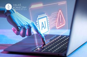 Robotic hand points toward a holographic AI chip and a red warning icon over a laptop screen, with a white company logo in the corner (tech/putur).