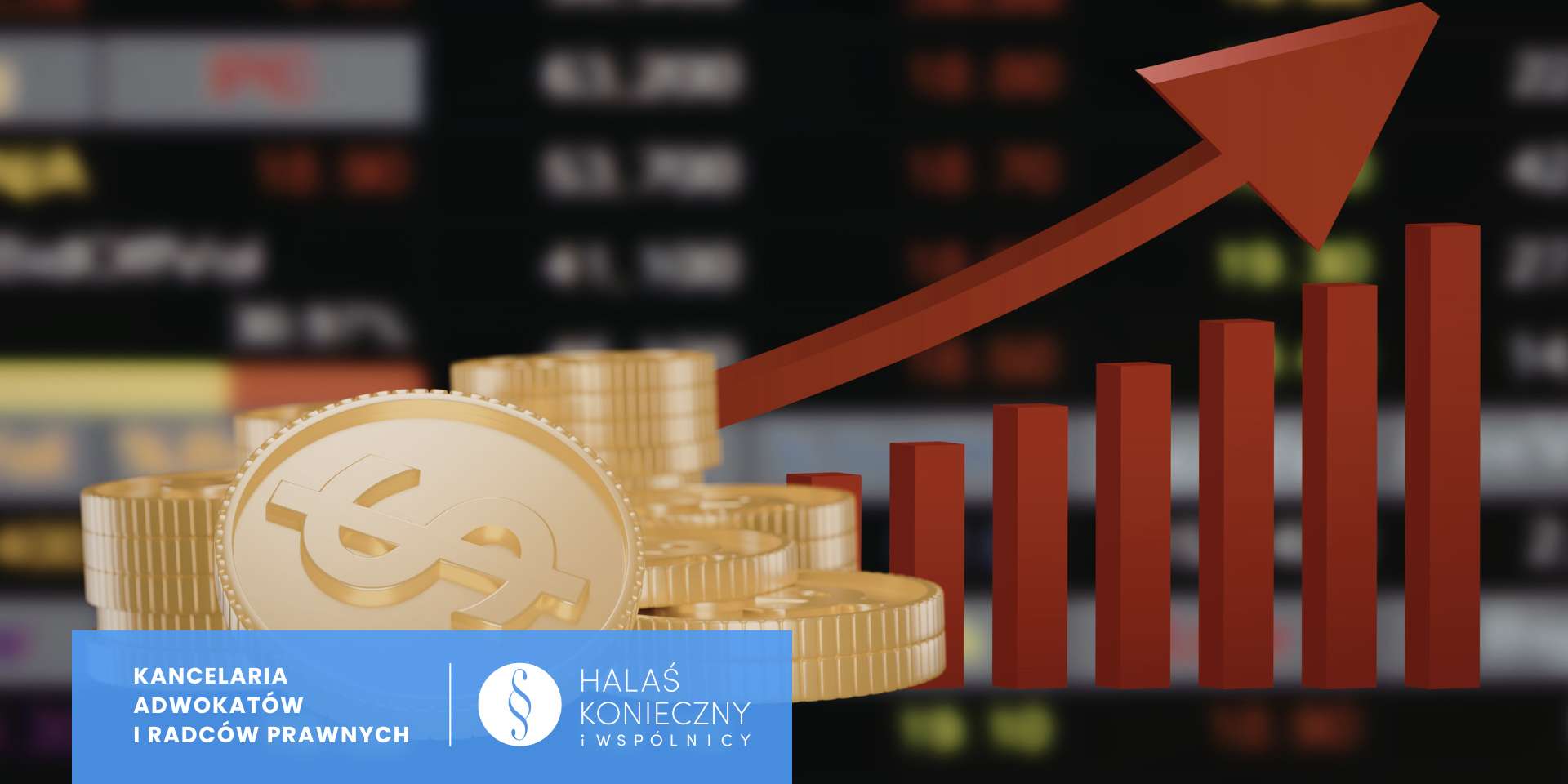 Golden coins in foreground with a rising red bar graph and upward arrow, blurred stock market backdrop, and a blue legal firm banner at the bottom.