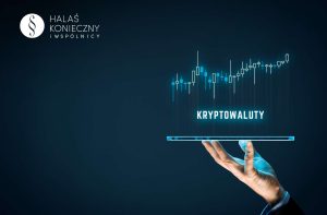 Logo of Halas Konieczny i Wspólnicy in the top-left corner; on the right, a hand holds a transparent tablet displaying a rising cryptocurrency candlestick chart with the word 'KRYPTOWALUTY' glowing against a dark blue background.