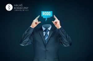 Mężczyzna w garniturze, napis RODO w chmurce zamiast głowy